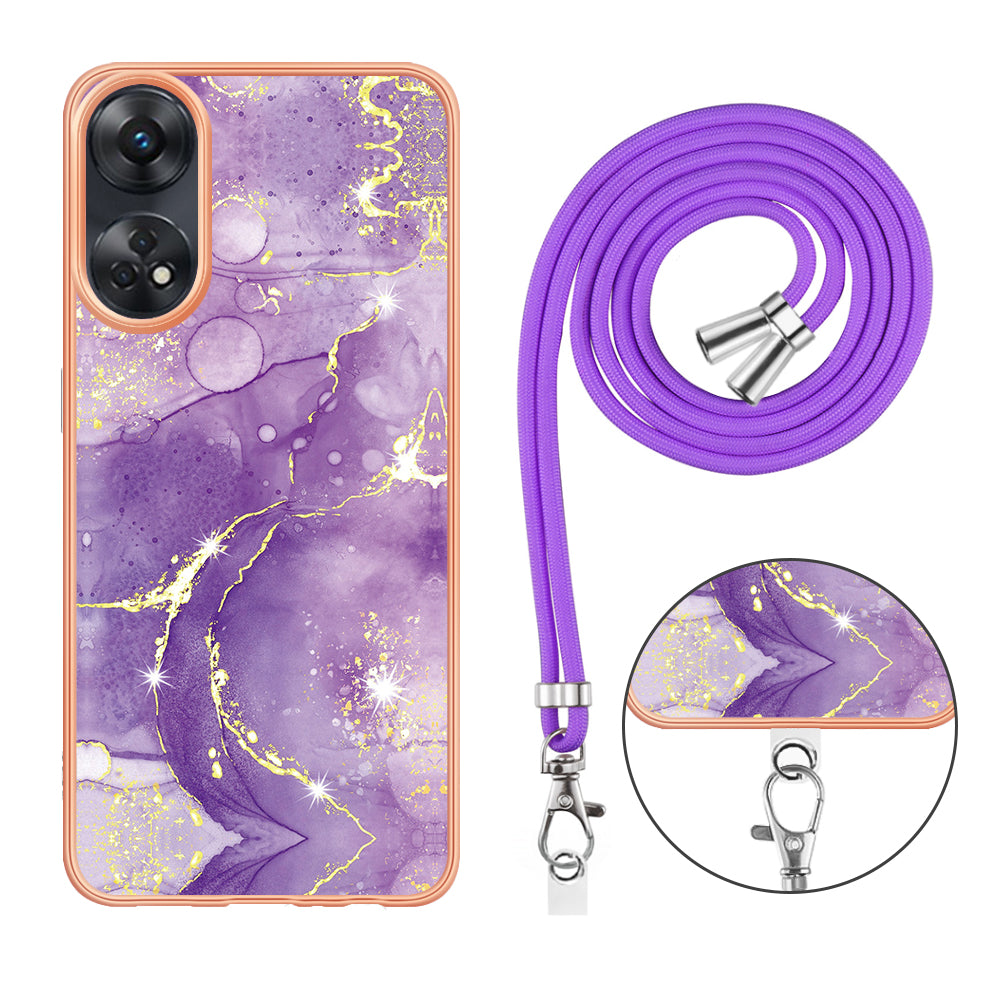 YB IMD Series-9 Electroplated TPU Cover for Oppo Reno8 T 4G Marble Pattern IMD Phone Case with Lanyard - Purple 002