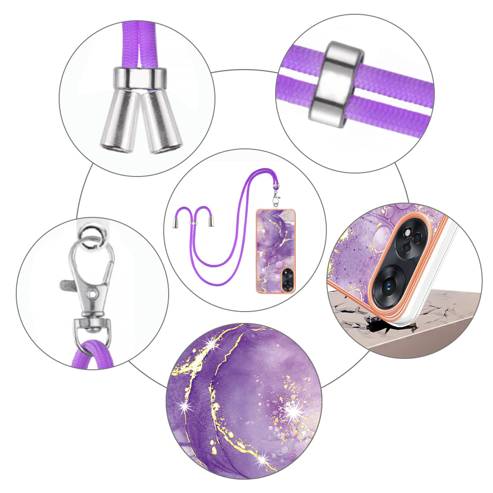 YB IMD Series-9 Electroplated TPU Cover for Oppo Reno8 T 4G Marble Pattern IMD Phone Case with Lanyard - Purple 002