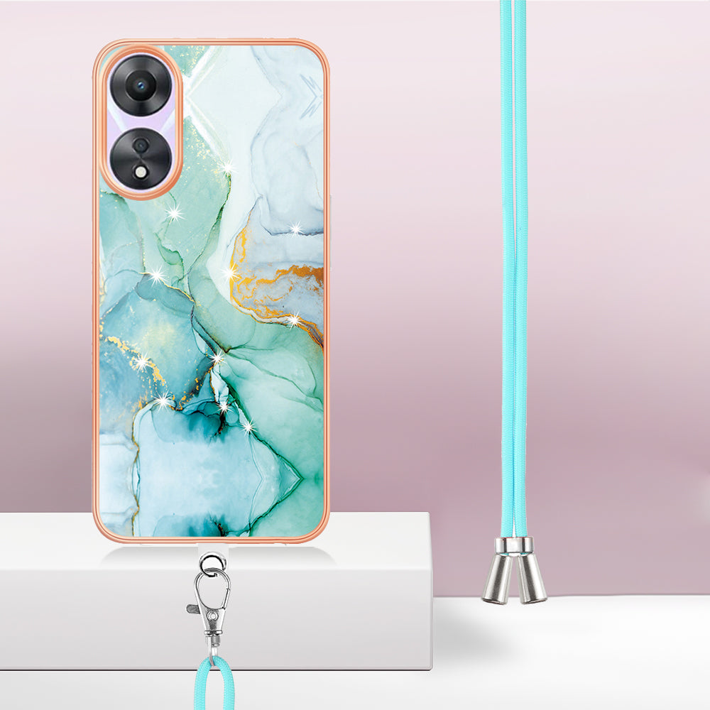 YB IMD Series-9 For Oppo A78 / A58 5G Electroplating Frame TPU Cover IMD Marble Pattern Phone Case with Lanyard - Green 003