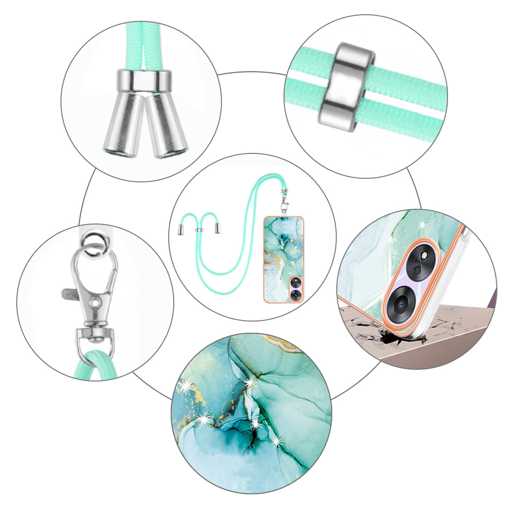 YB IMD Series-9 For Oppo A78 / A58 5G Electroplating Frame TPU Cover IMD Marble Pattern Phone Case with Lanyard - Green 003