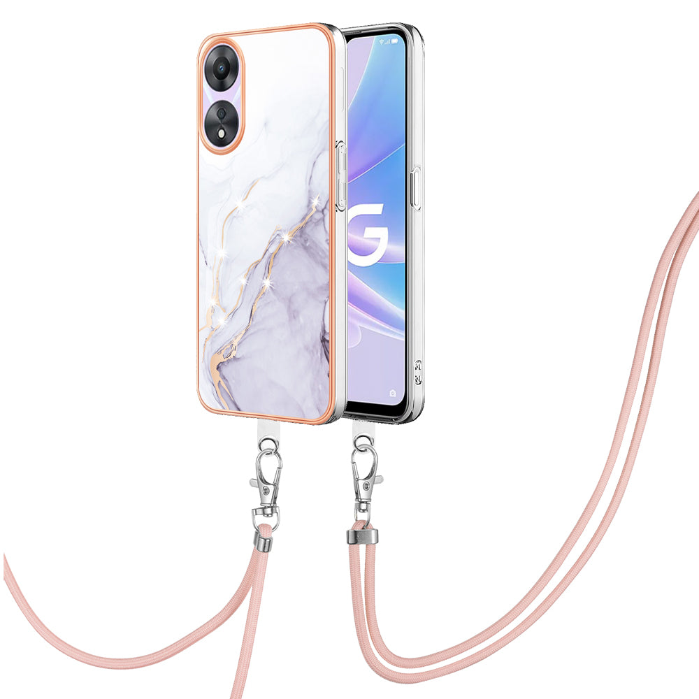 YB IMD Series-9 For Oppo A78 / A58 5G Electroplating Frame TPU Cover IMD Marble Pattern Phone Case with Lanyard - White 006