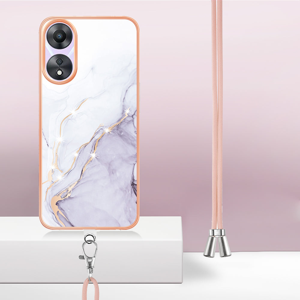 YB IMD Series-9 For Oppo A78 / A58 5G Electroplating Frame TPU Cover IMD Marble Pattern Phone Case with Lanyard - White 006