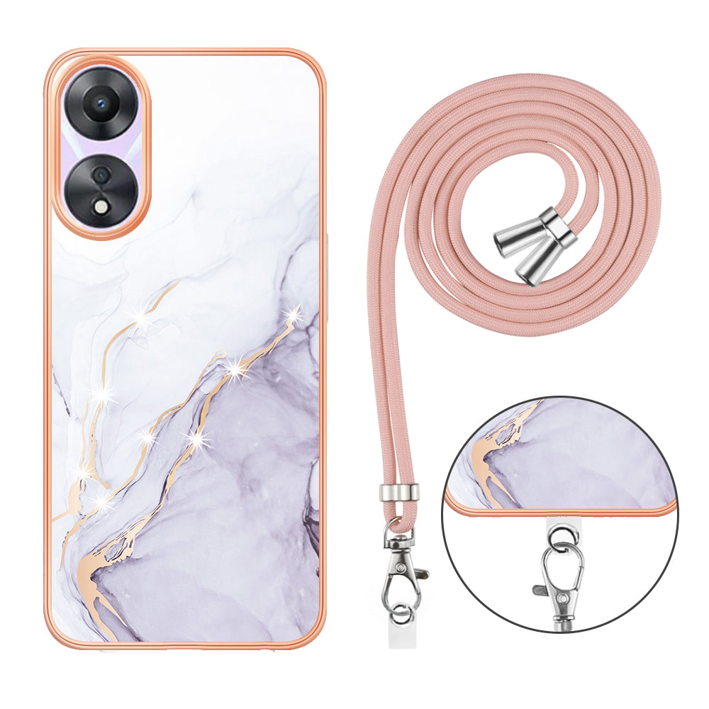 YB IMD Series-9 For Oppo A78 / A58 5G Electroplating Frame TPU Cover IMD Marble Pattern Phone Case with Lanyard - White 006