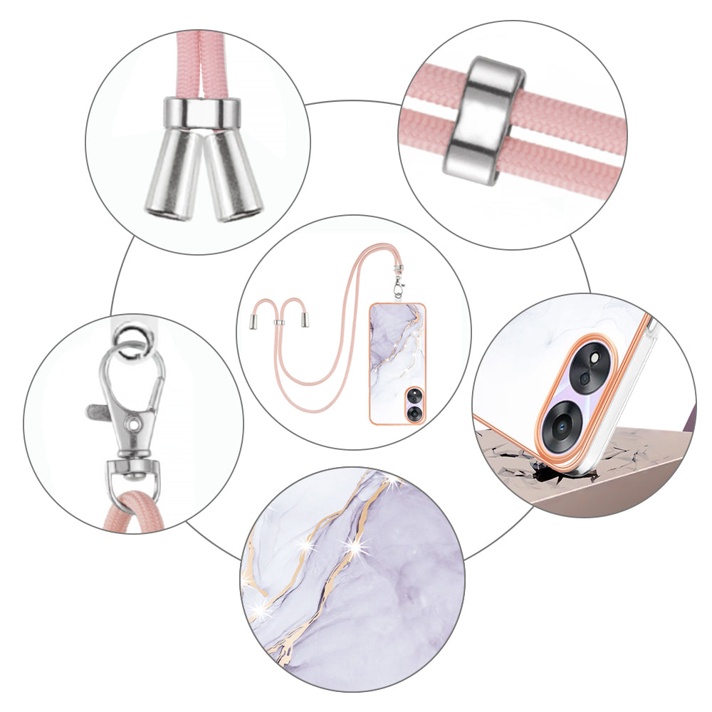 YB IMD Series-9 For Oppo A78 / A58 5G Electroplating Frame TPU Cover IMD Marble Pattern Phone Case with Lanyard - White 006