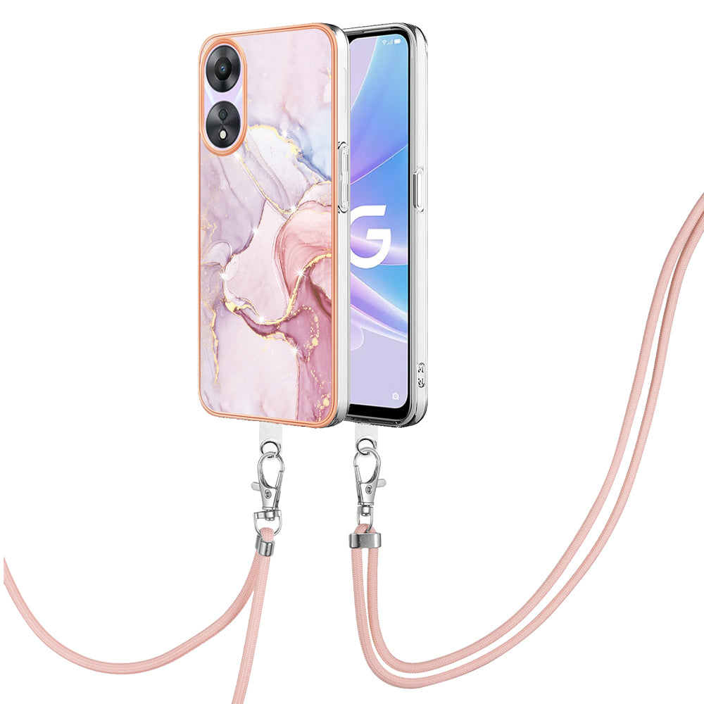 YB IMD Series-9 For Oppo A78 / A58 5G Electroplating Frame TPU Cover IMD Marble Pattern Phone Case with Lanyard - Rose Gold 005