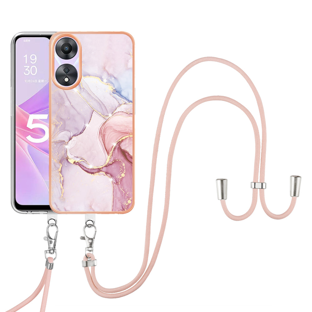 YB IMD Series-9 For Oppo A78 / A58 5G Electroplating Frame TPU Cover IMD Marble Pattern Phone Case with Lanyard - Rose Gold 005