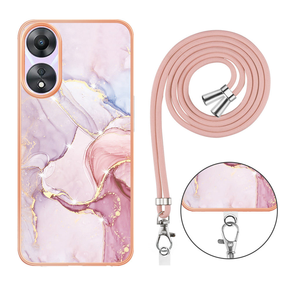 YB IMD Series-9 For Oppo A78 / A58 5G Electroplating Frame TPU Cover IMD Marble Pattern Phone Case with Lanyard - Rose Gold 005