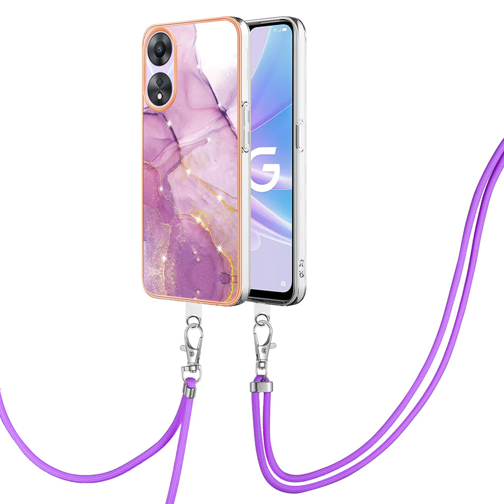 YB IMD Series-9 For Oppo A78 / A58 5G Electroplating Frame TPU Cover IMD Marble Pattern Phone Case with Lanyard - Purple 001
