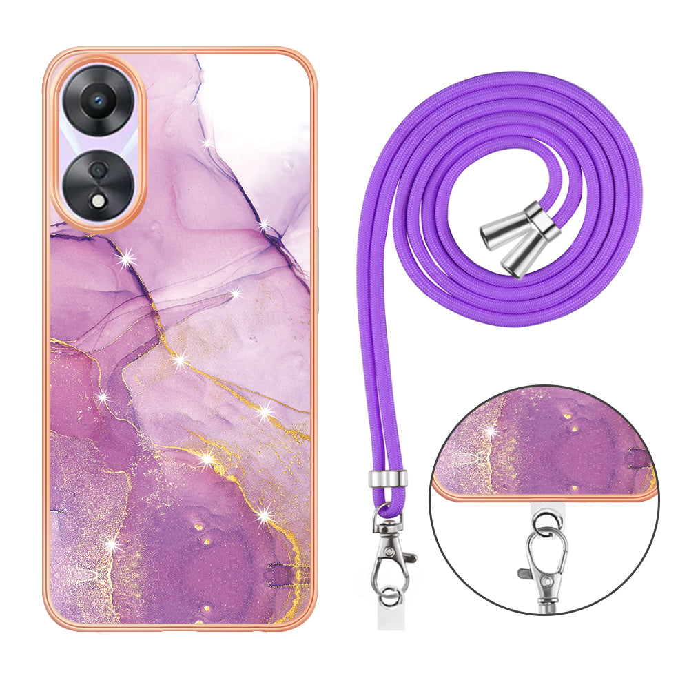 YB IMD Series-9 For Oppo A78 / A58 5G Electroplating Frame TPU Cover IMD Marble Pattern Phone Case with Lanyard - Purple 001