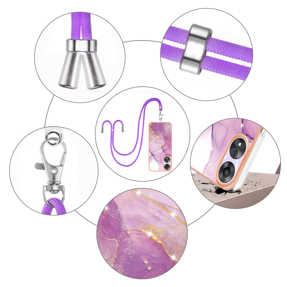 YB IMD Series-9 For Oppo A78 / A58 5G Electroplating Frame TPU Cover IMD Marble Pattern Phone Case with Lanyard - Purple 001