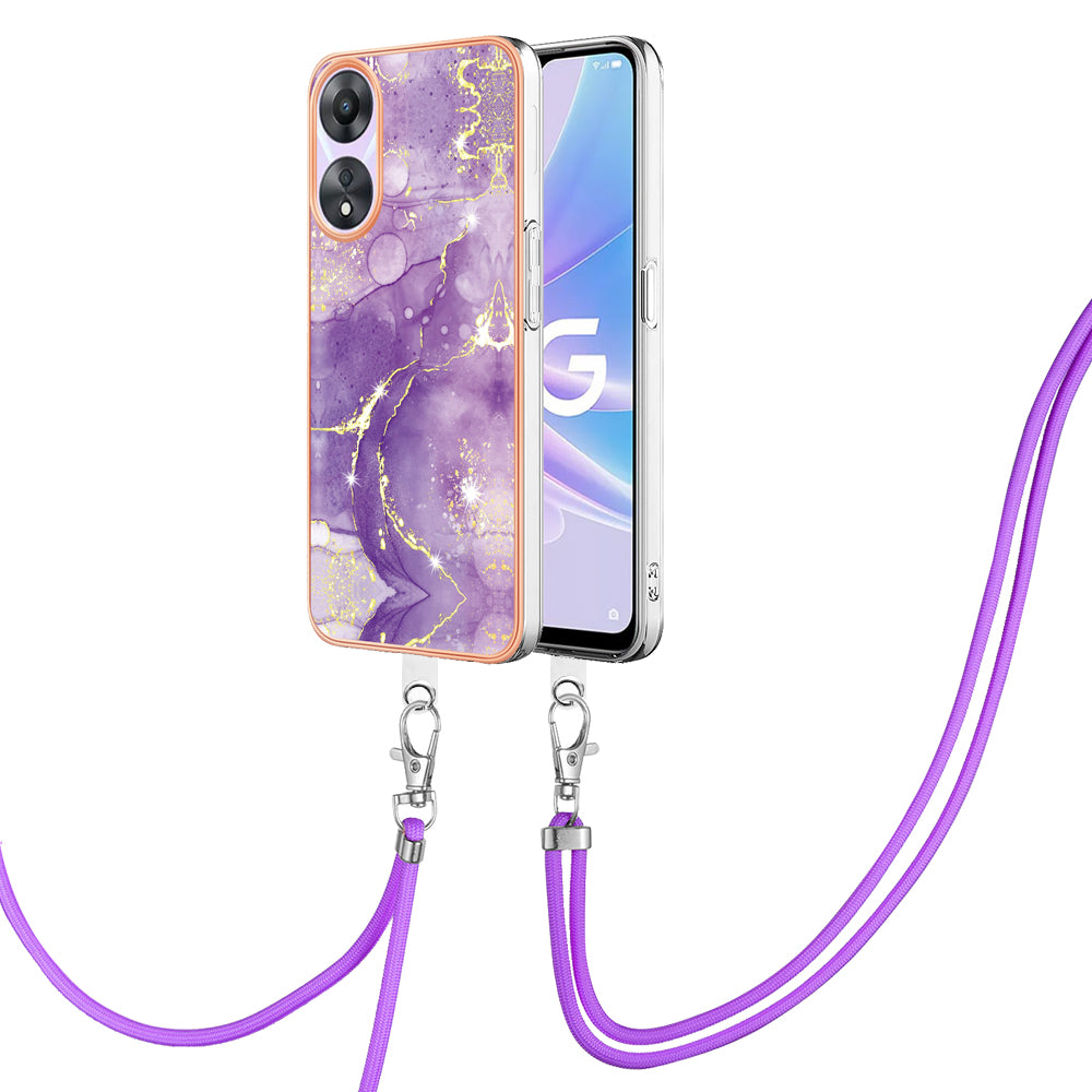 YB IMD Series-9 For Oppo A78 / A58 5G Electroplating Frame TPU Cover IMD Marble Pattern Phone Case with Lanyard - Purple 002