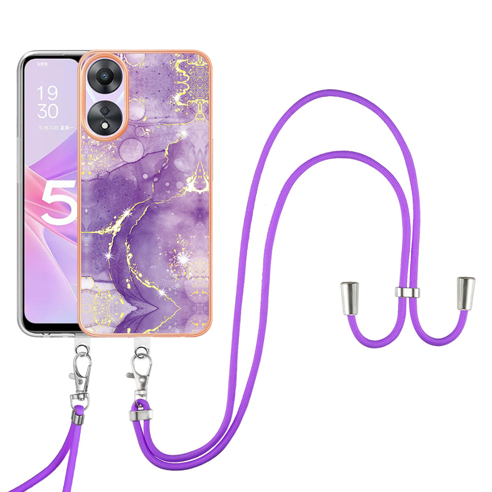 YB IMD Series-9 For Oppo A78 / A58 5G Electroplating Frame TPU Cover IMD Marble Pattern Phone Case with Lanyard - Purple 002