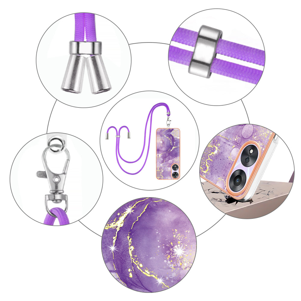 YB IMD Series-9 For Oppo A78 / A58 5G Electroplating Frame TPU Cover IMD Marble Pattern Phone Case with Lanyard - Purple 002