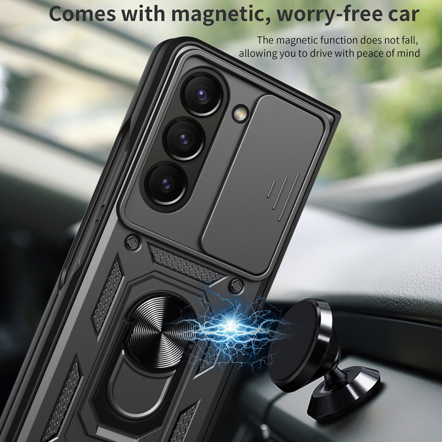 Uniqkart for Samsung Galaxy Z Fold5 5G Kickstand Phone Cover PC+TPU Case with Slide Lens Protector - Black