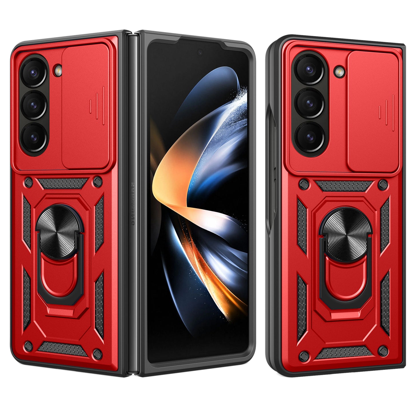 Uniqkart for Samsung Galaxy Z Fold5 5G Kickstand Phone Cover PC+TPU Case with Slide Lens Protector - Red
