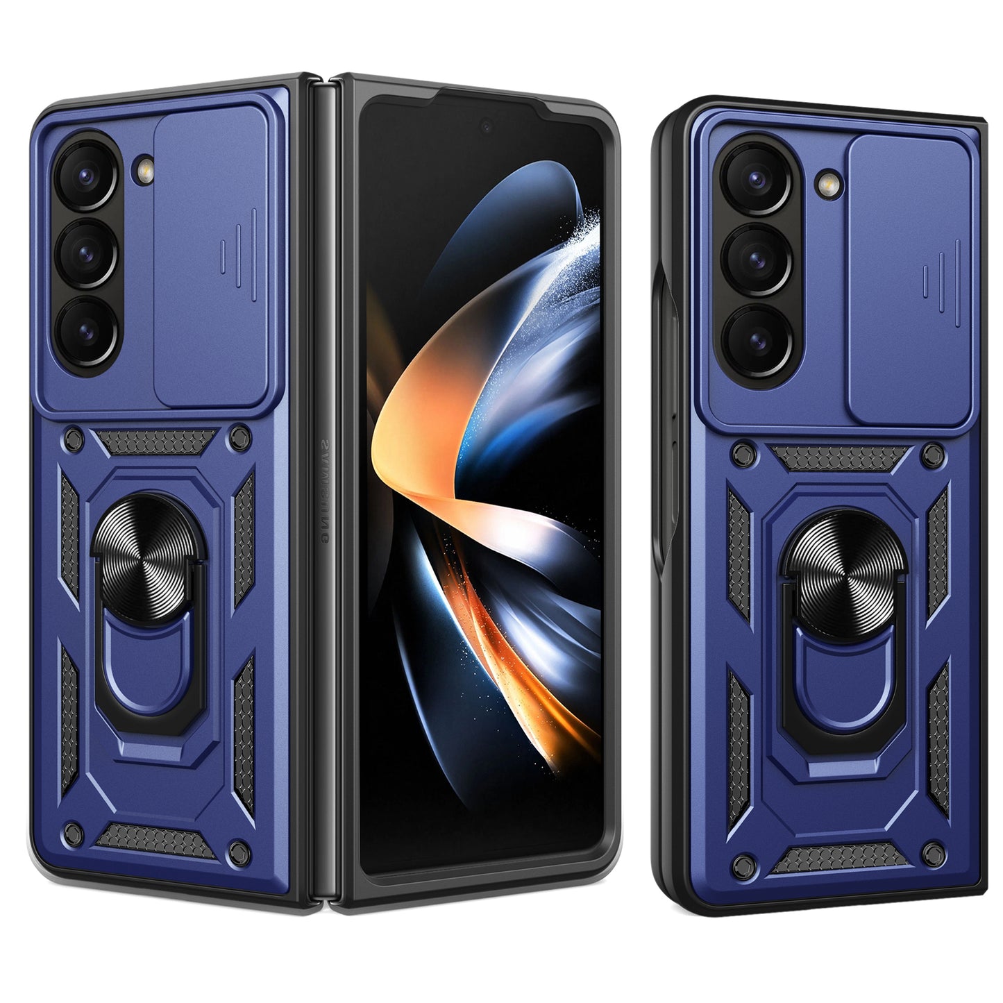 Uniqkart for Samsung Galaxy Z Fold5 5G Kickstand Phone Cover PC+TPU Case with Slide Lens Protector - Blue