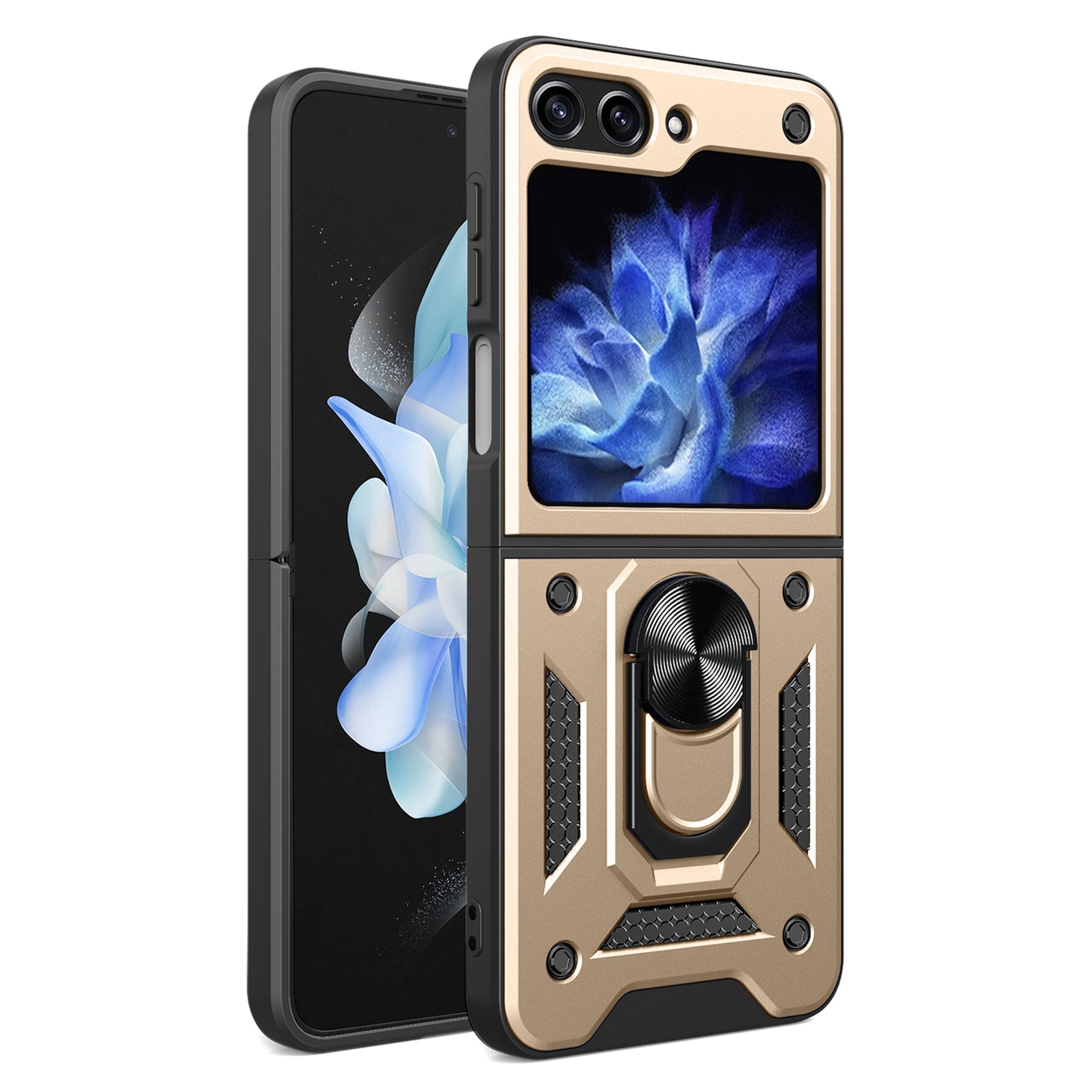 Kickstand Phone Case for Samsung Galaxy Z Flip5 5G , PC+TPU Magnetic Car Mount Phone Cover - Gold
