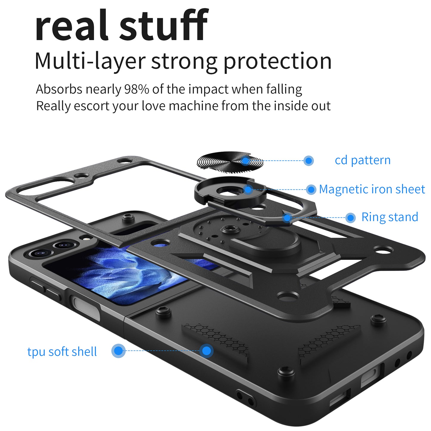 Kickstand Phone Case for Samsung Galaxy Z Flip5 5G , PC+TPU Magnetic Car Mount Phone Cover - Blue