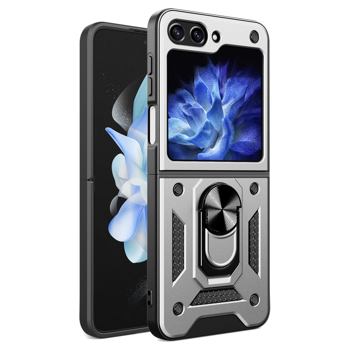 Kickstand Phone Case for Samsung Galaxy Z Flip5 5G , PC+TPU Magnetic Car Mount Phone Cover - Silver