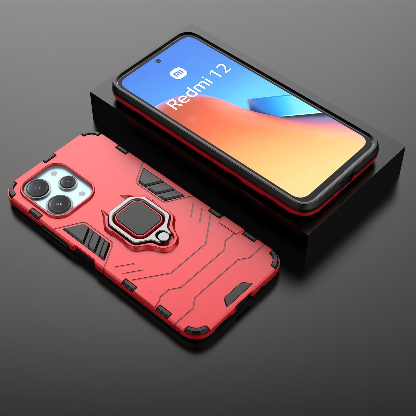Uniqkart for Xiaomi Redmi 12 4G Drop-Proof Shell Ring Holder Kickstand Protective Cover TPU + PC Phone Case - Red