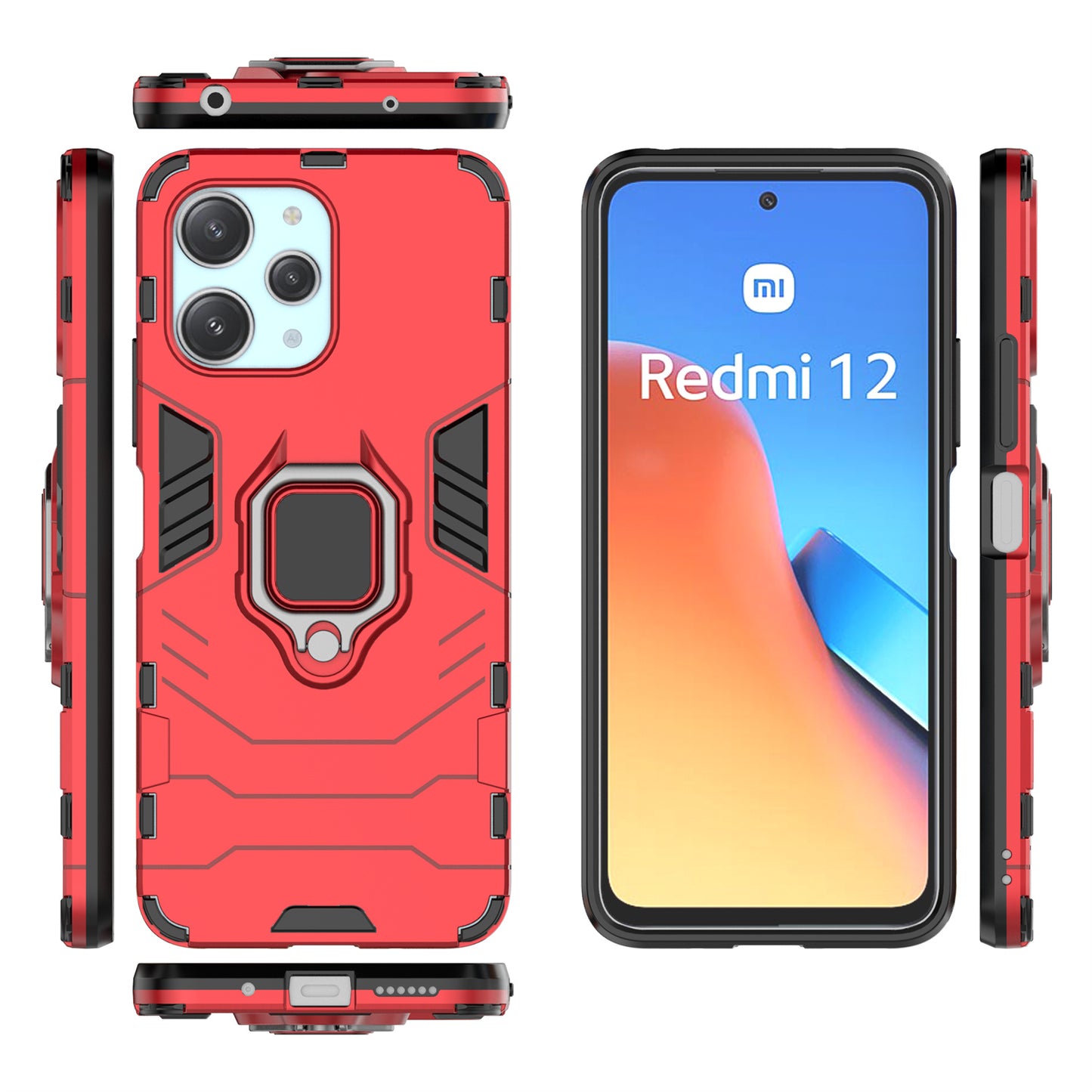 Uniqkart for Xiaomi Redmi 12 4G Drop-Proof Shell Ring Holder Kickstand Protective Cover TPU + PC Phone Case - Red