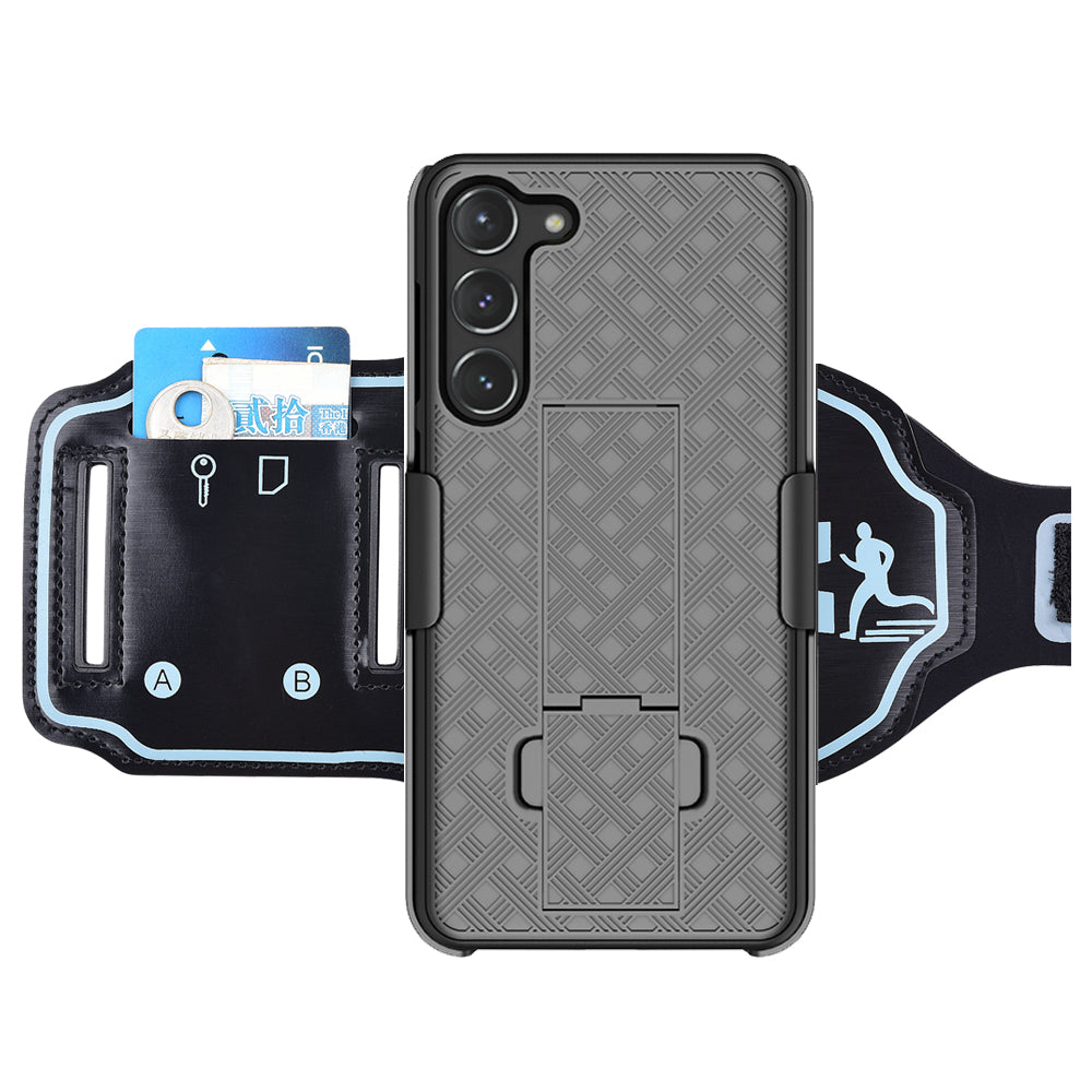 Uniqkart for Samsung Galaxy S23 Phone Kickstand Case Card Holder Hard PC Cover with Nylon Sport Armband