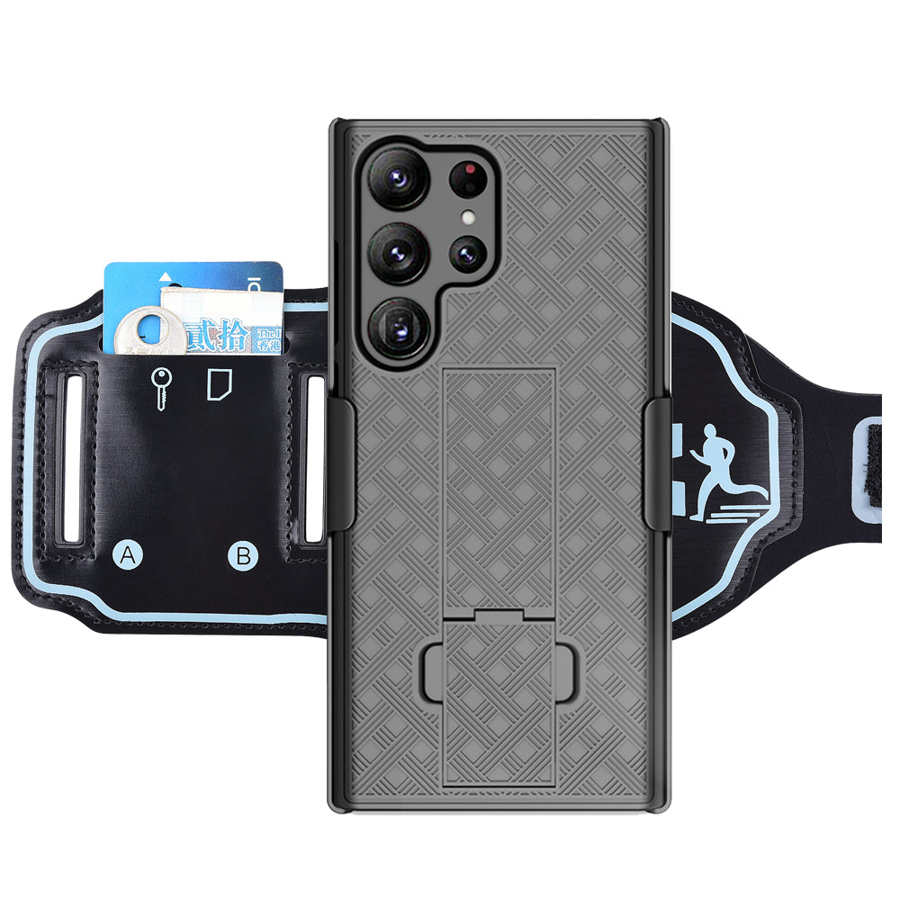 Uniqkart for Samsung Galaxy S23 Ultra Kickstand Phone Case Card Holder PC Cover with Nylon Sport Armband