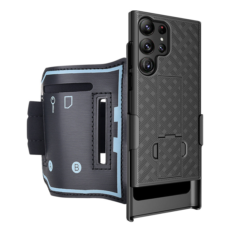 Uniqkart for Samsung Galaxy S23 Ultra Kickstand Phone Case Card Holder PC Cover with Nylon Sport Armband
