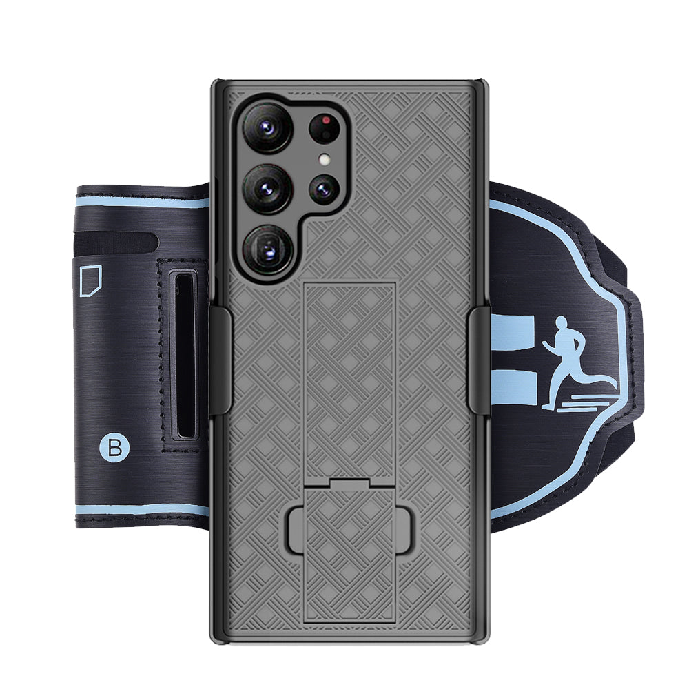 Uniqkart for Samsung Galaxy S23 Ultra Kickstand Phone Case Card Holder PC Cover with Nylon Sport Armband