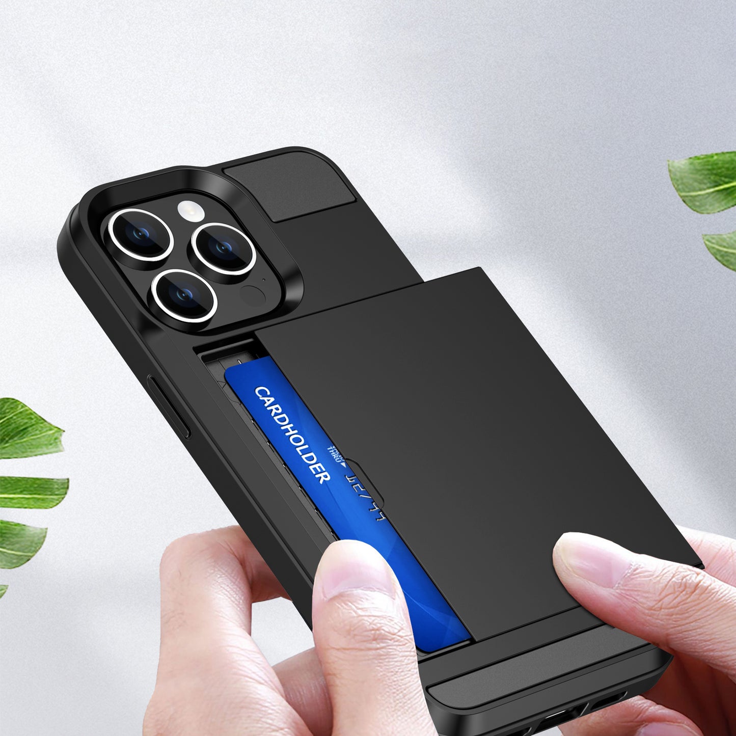 PC + TPU Phone Cover for iPhone 15 , Sliding Card Holder Anti-scratch Back Case - Navy Blue