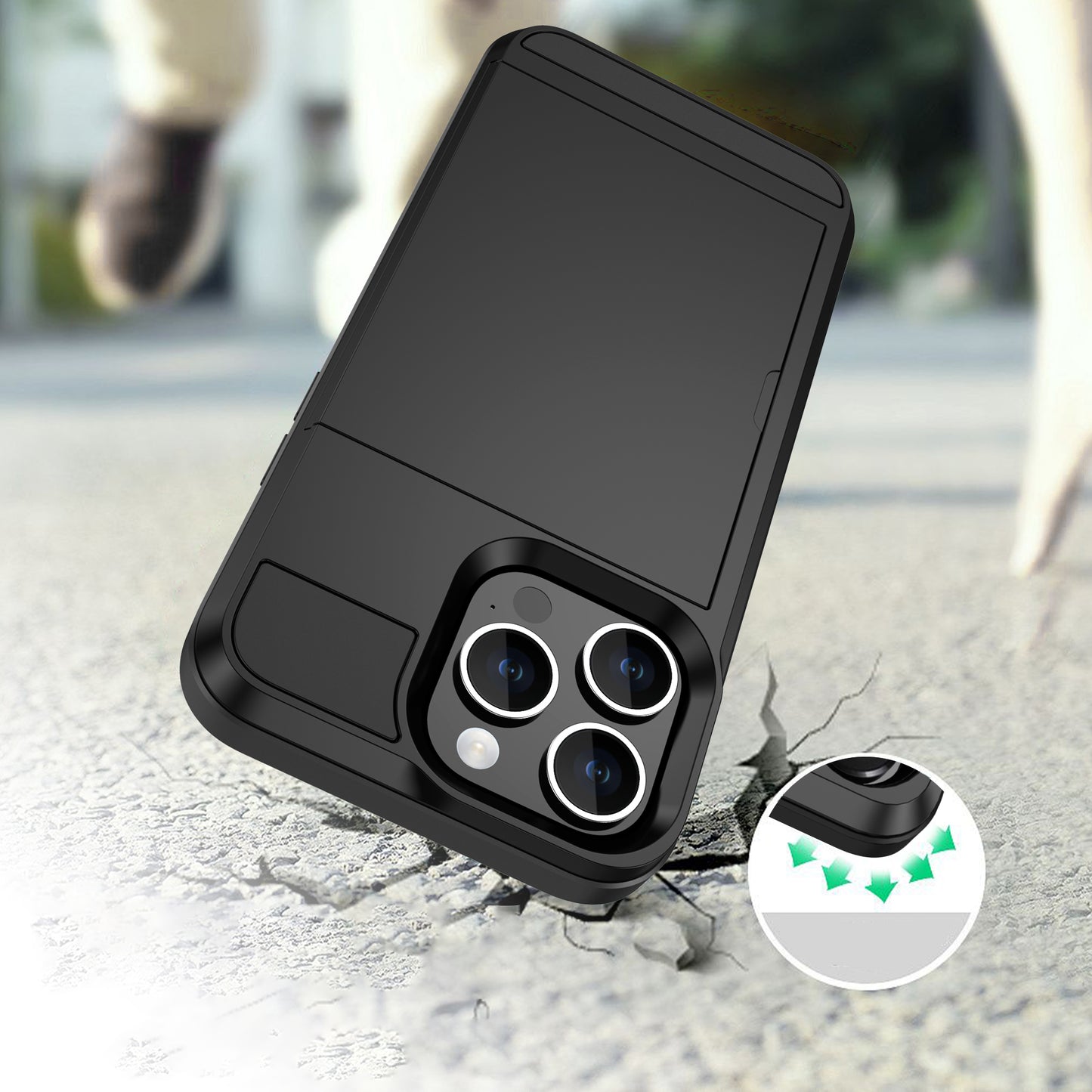 PC + TPU Phone Cover for iPhone 15 , Sliding Card Holder Anti-scratch Back Case - Navy Blue