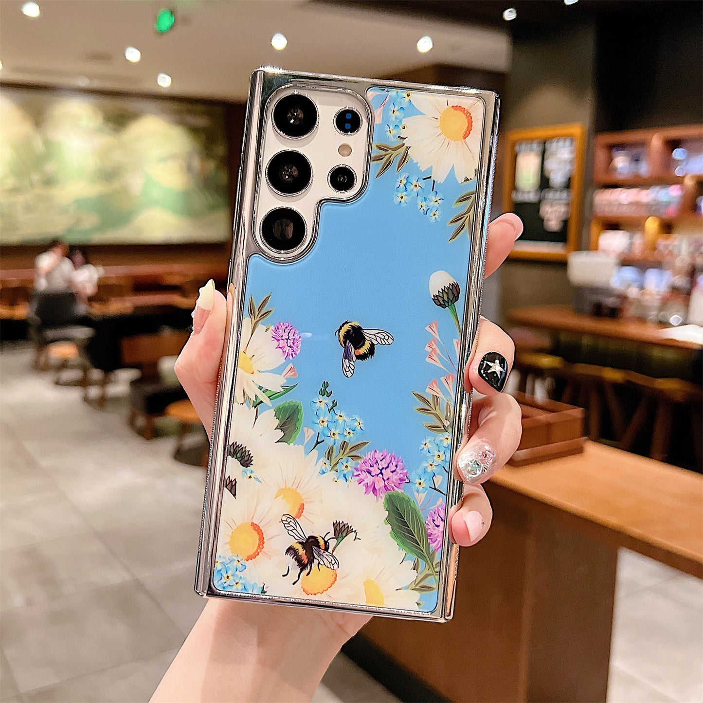 Uniqkart for Samsung Galaxy S23 Ultra Flower Pattern Electroplating Edge IMD Cover PC+TPU Phone Case - Style D