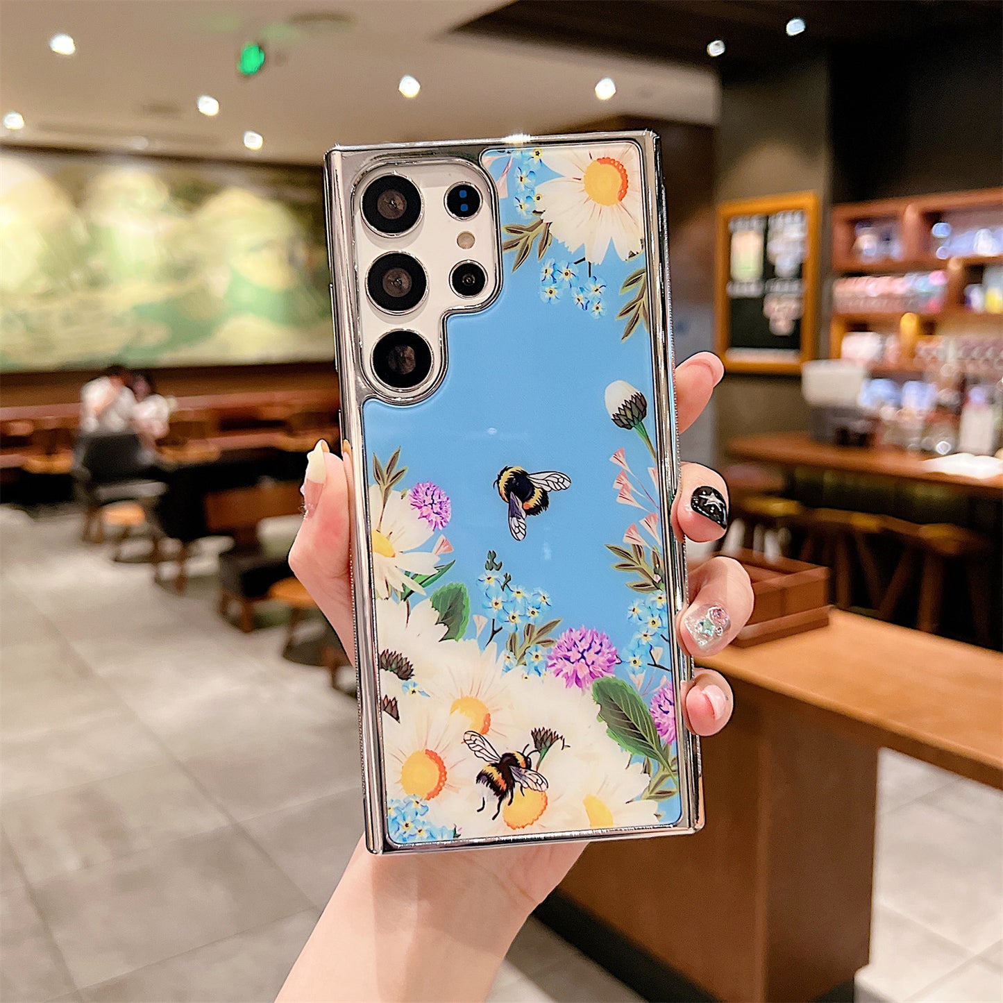 Uniqkart for Samsung Galaxy S23 Ultra Flower Pattern Electroplating Edge IMD Cover PC+TPU Phone Case - Style D