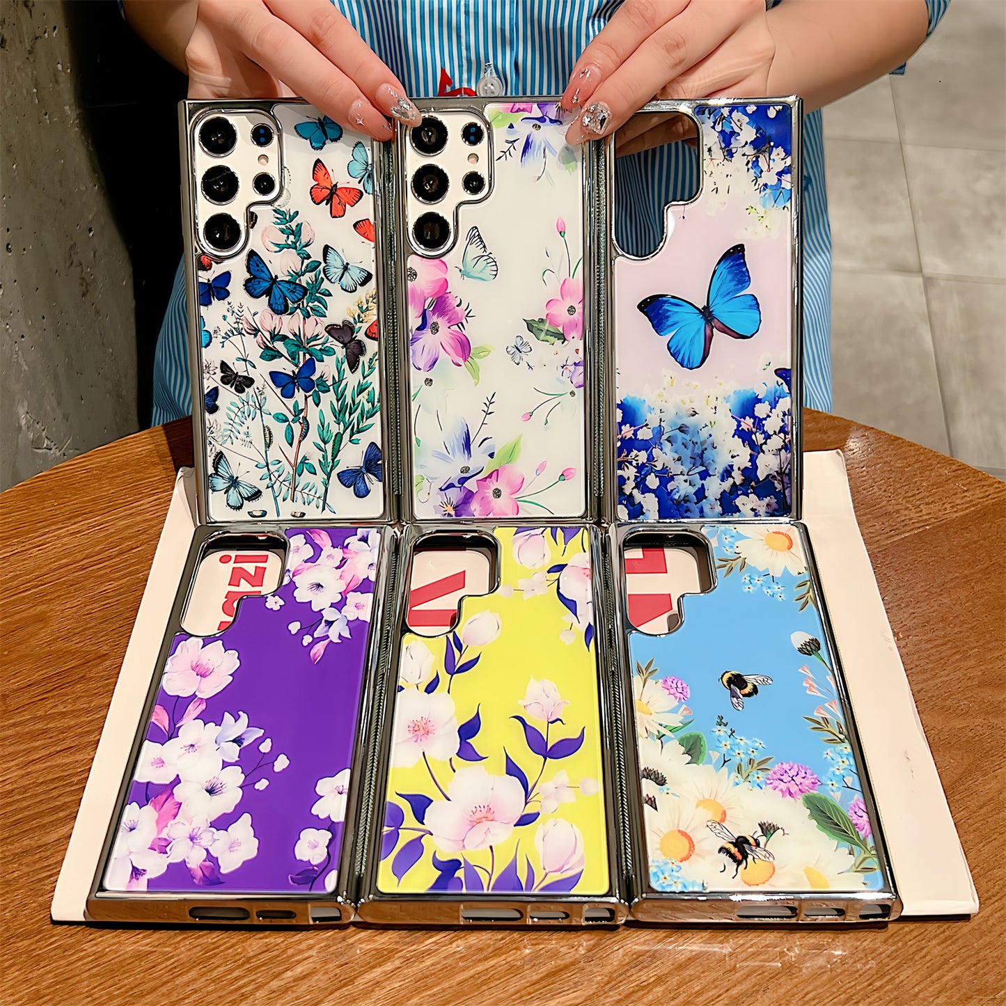 Uniqkart for Samsung Galaxy S23 Ultra Flower Pattern Electroplating Edge IMD Cover PC+TPU Phone Case - Style D