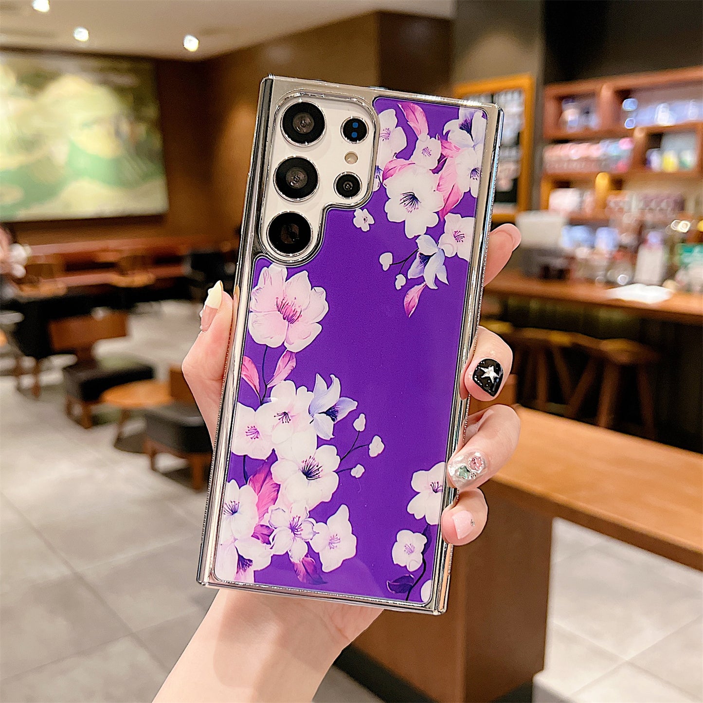 Uniqkart for Samsung Galaxy S23 Ultra Flower Pattern Electroplating Edge IMD Cover PC+TPU Phone Case - Style F