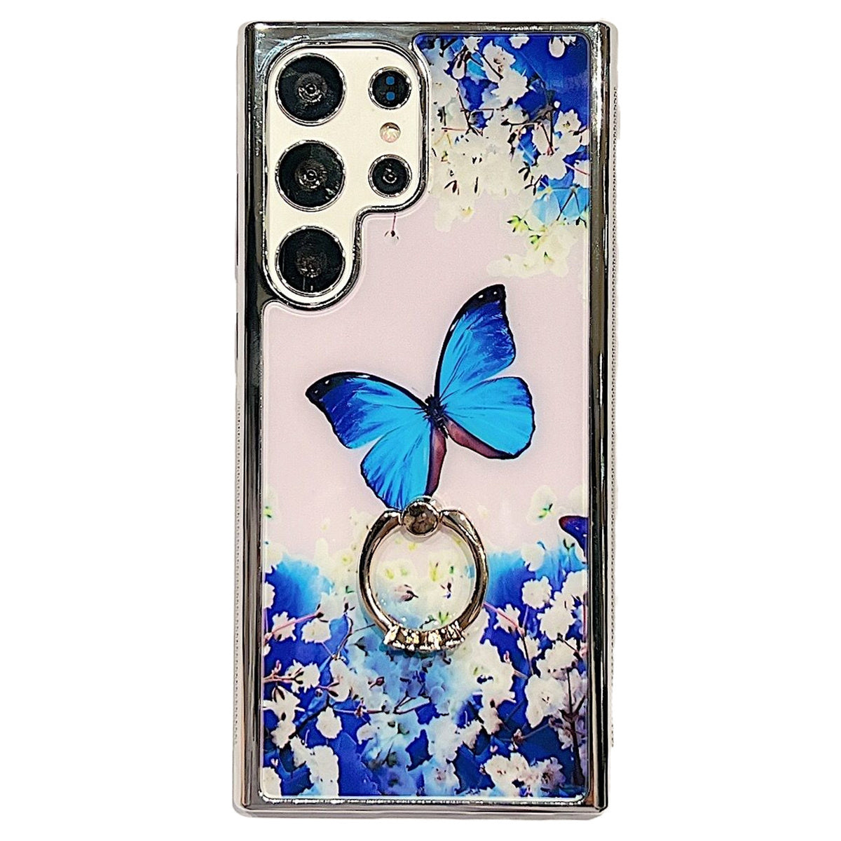 Uniqkart for Samsung Galaxy S23 Ultra IMD Flower Pattern Electroplating Cover PC+TPU Phone Case with Ring Kickstand - Style A