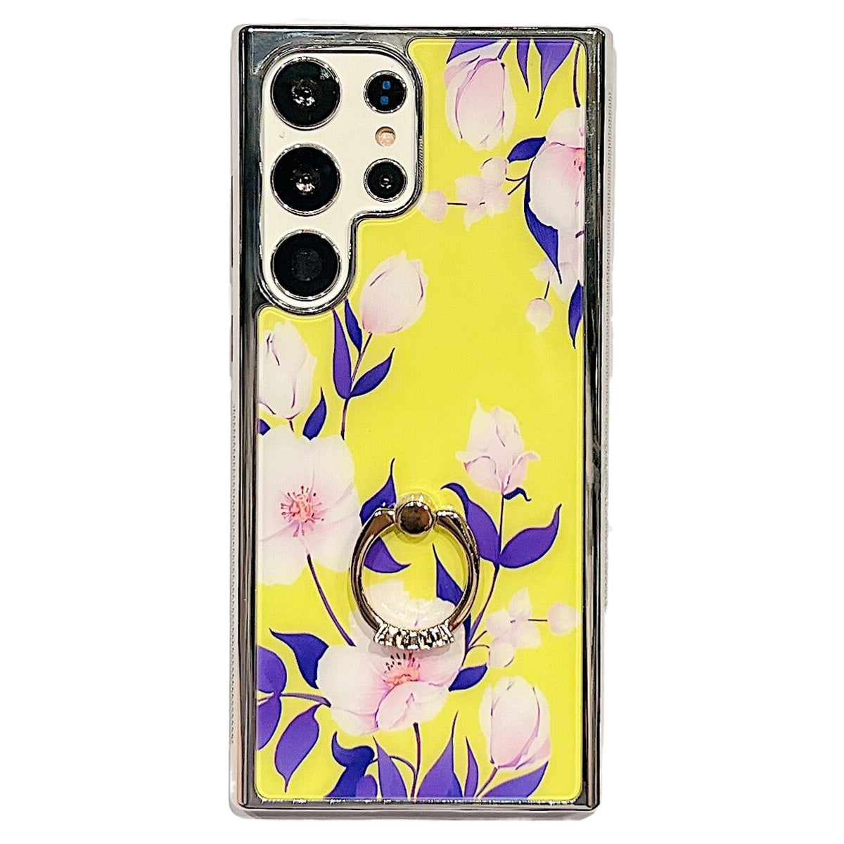 Uniqkart for Samsung Galaxy S23 Ultra IMD Flower Pattern Electroplating Cover PC+TPU Phone Case with Ring Kickstand - Style D