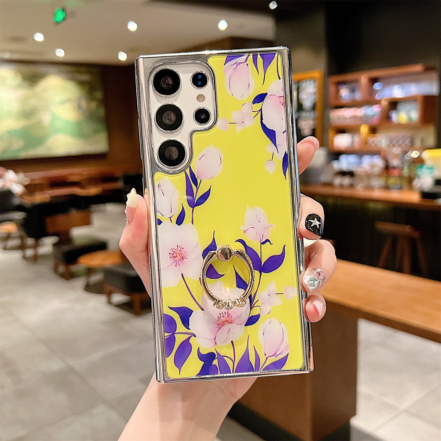 Uniqkart for Samsung Galaxy S23 Ultra IMD Flower Pattern Electroplating Cover PC+TPU Phone Case with Ring Kickstand - Style D
