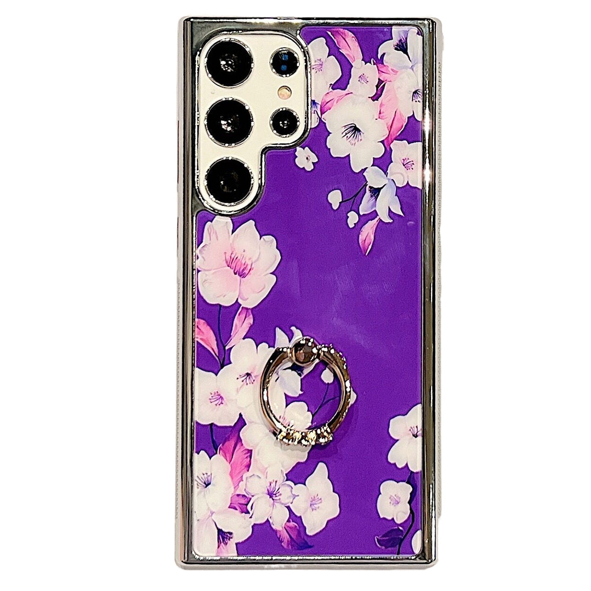 Uniqkart for Samsung Galaxy S23 Ultra IMD Flower Pattern Electroplating Cover PC+TPU Phone Case with Ring Kickstand - Style F