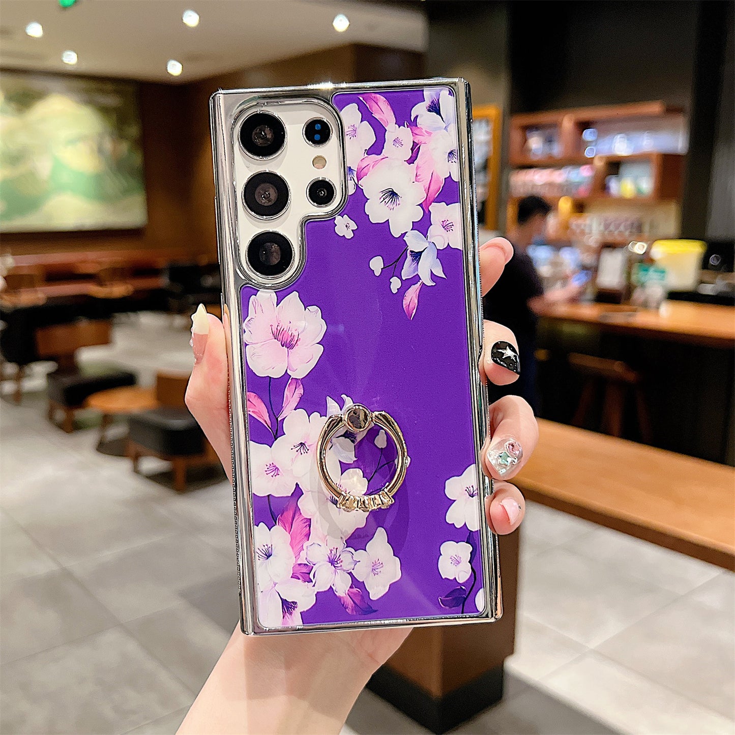 Uniqkart for Samsung Galaxy S23 Ultra IMD Flower Pattern Electroplating Cover PC+TPU Phone Case with Ring Kickstand - Style F