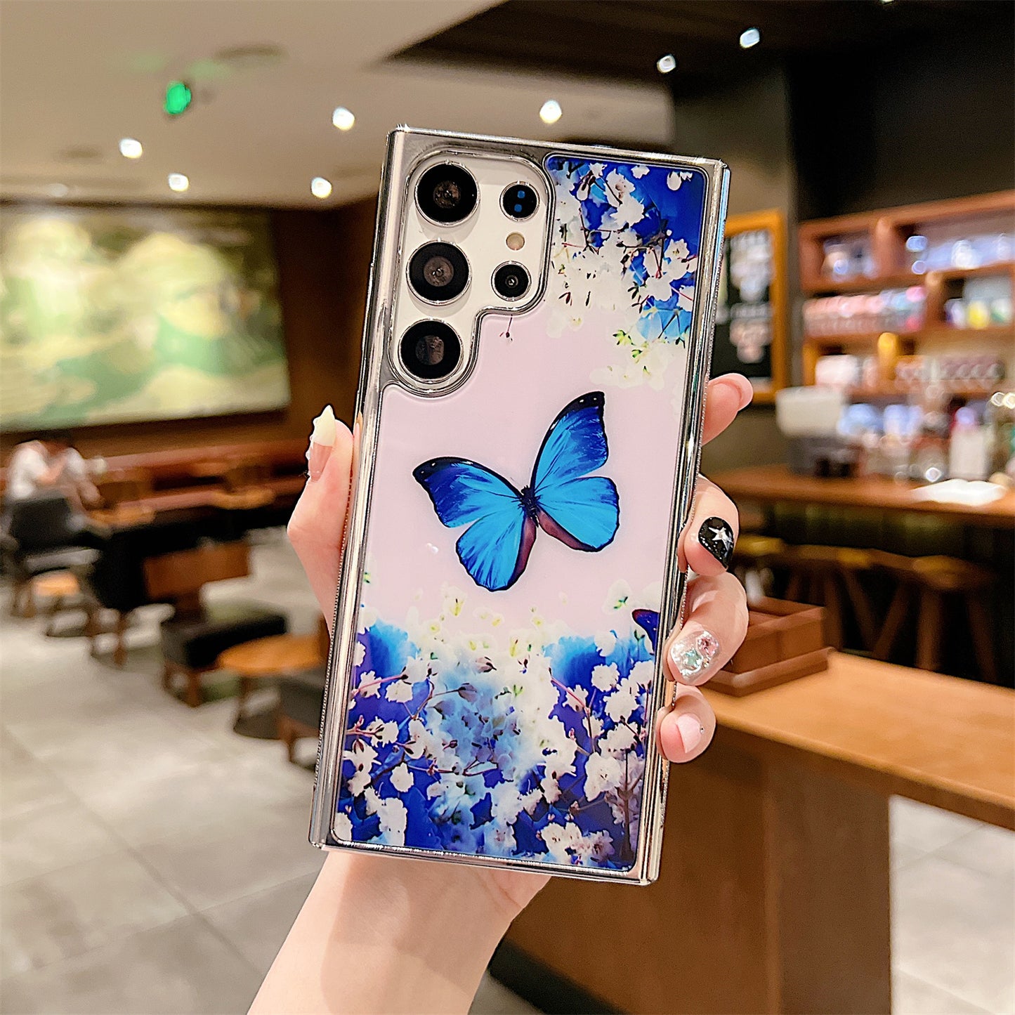 PC+TPU Phone Case for Samsung Galaxy S22 Ultra 5G Flower Pattern Electroplating Edge IMD Cover - Style C