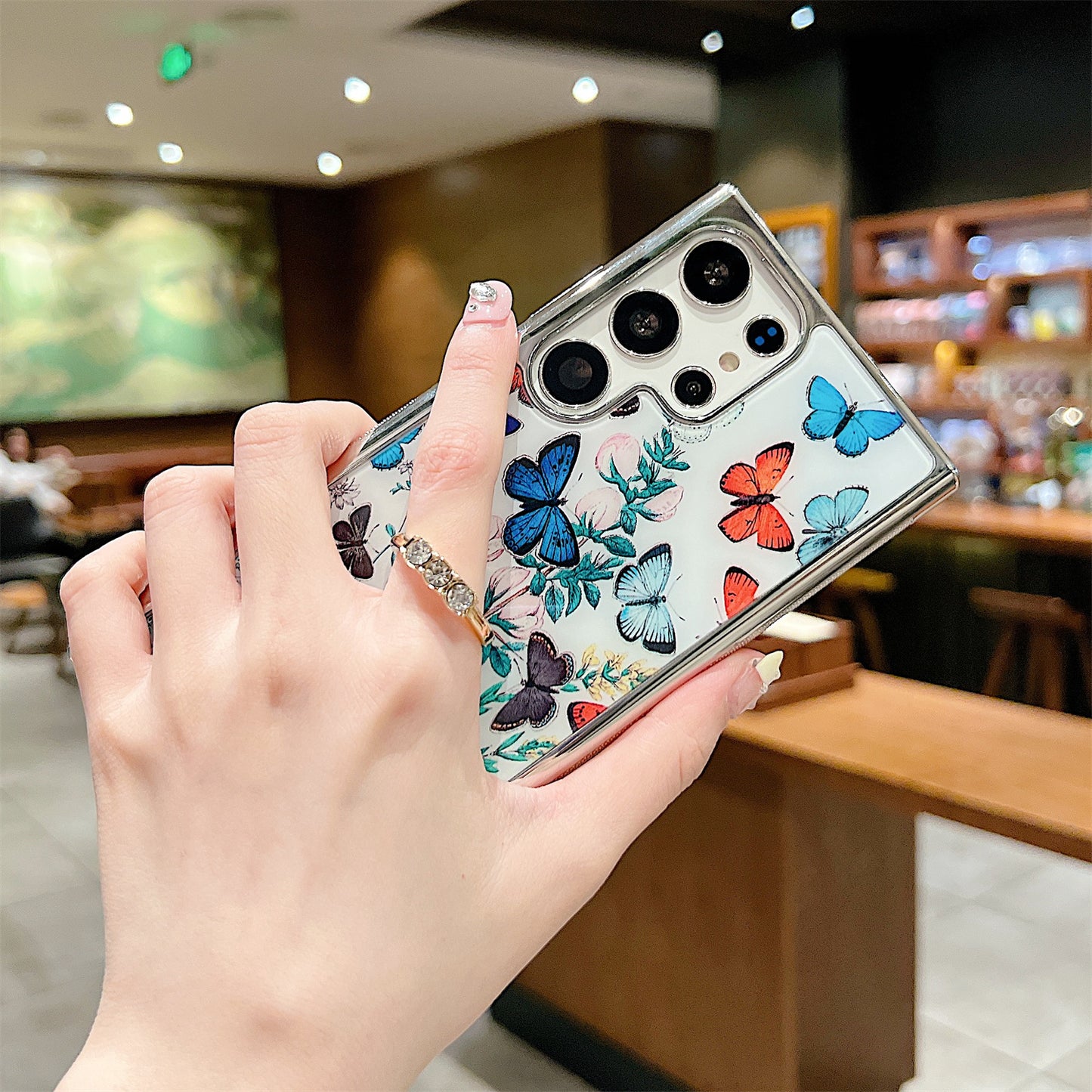 Electroplating Cover for Samsung Galaxy S22 Ultra 5G IMD Flower Pattern PC+TPU Phone Case with Ring Kickstand - Style D