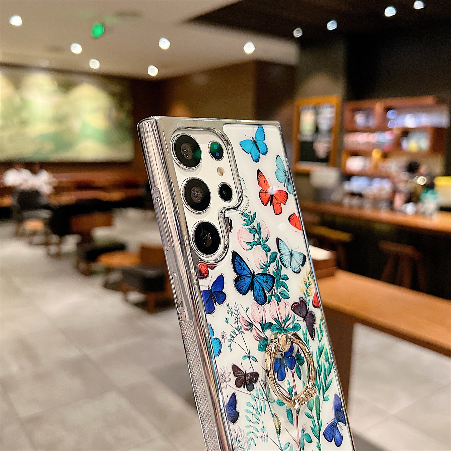 Electroplating Cover for Samsung Galaxy S22 Ultra 5G IMD Flower Pattern PC+TPU Phone Case with Ring Kickstand - Style D