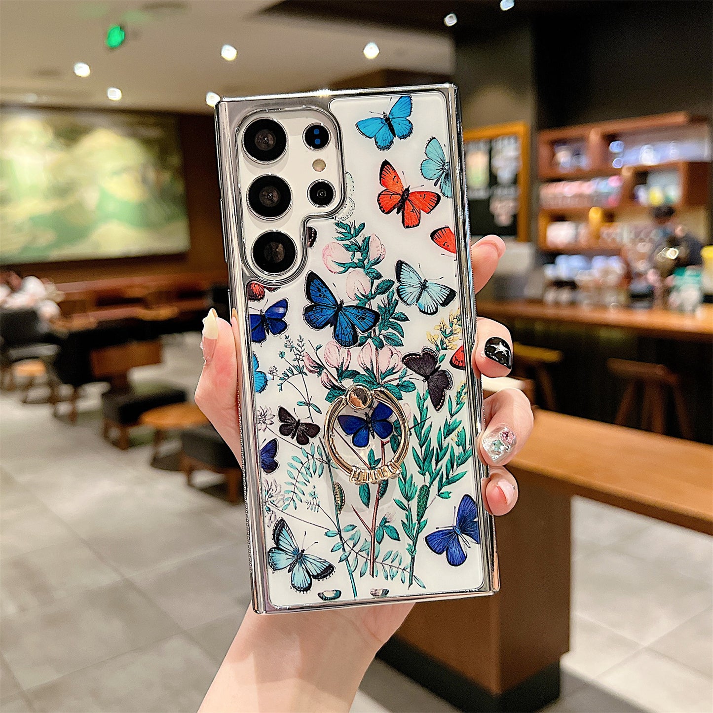 Electroplating Cover for Samsung Galaxy S22 Ultra 5G IMD Flower Pattern PC+TPU Phone Case with Ring Kickstand - Style D