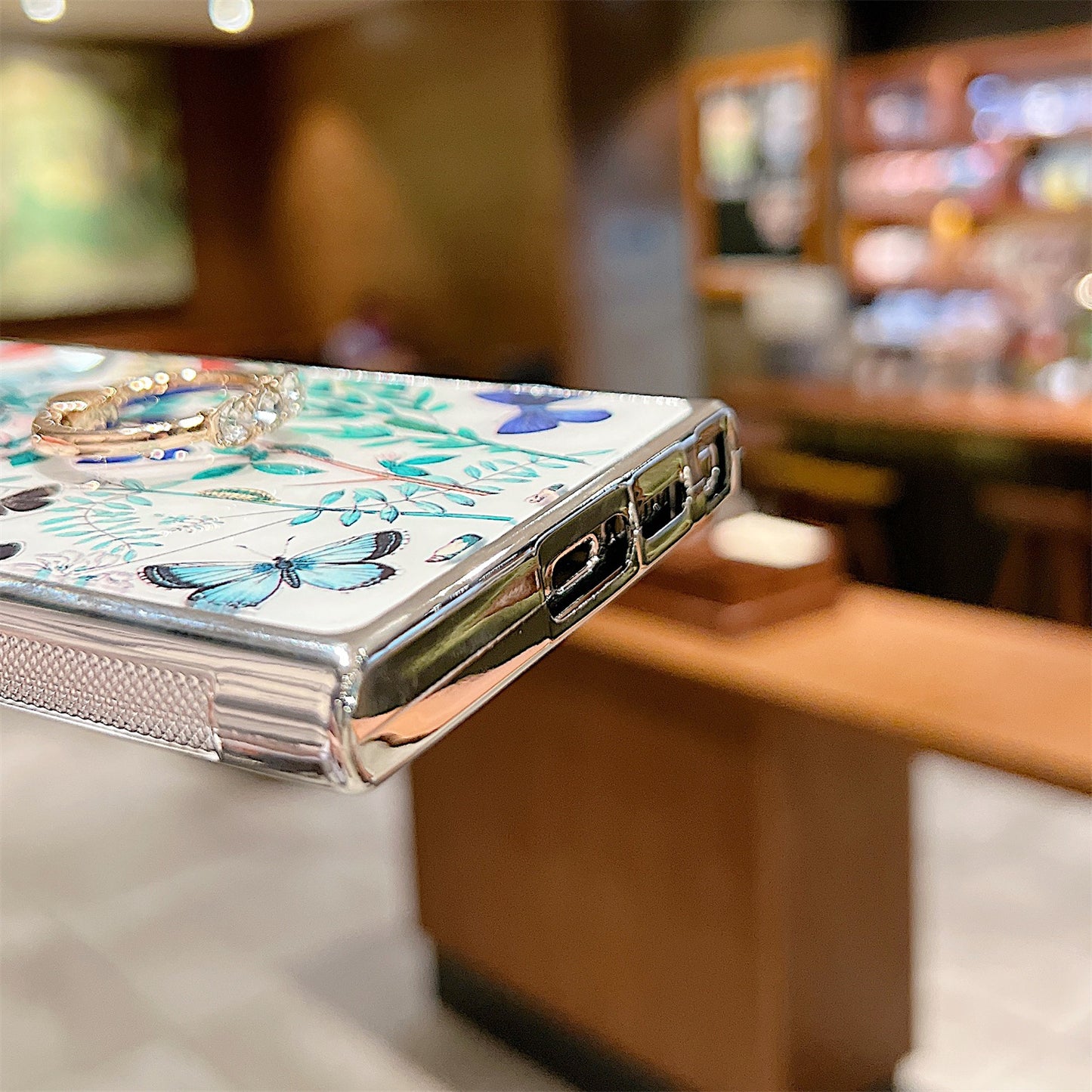 Electroplating Cover for Samsung Galaxy S22 Ultra 5G IMD Flower Pattern PC+TPU Phone Case with Ring Kickstand - Style D