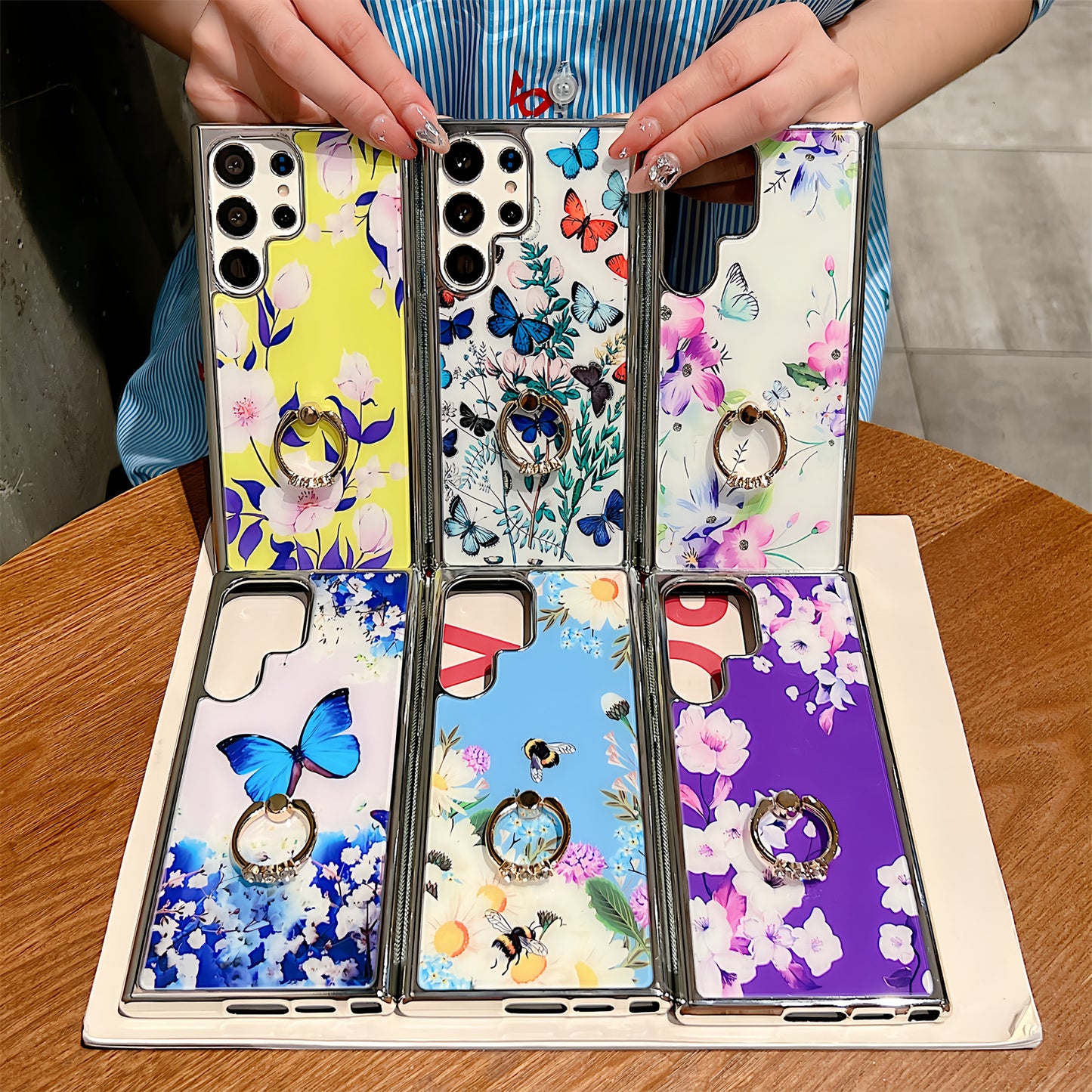 Electroplating Cover for Samsung Galaxy S22 Ultra 5G IMD Flower Pattern PC+TPU Phone Case with Ring Kickstand - Style D