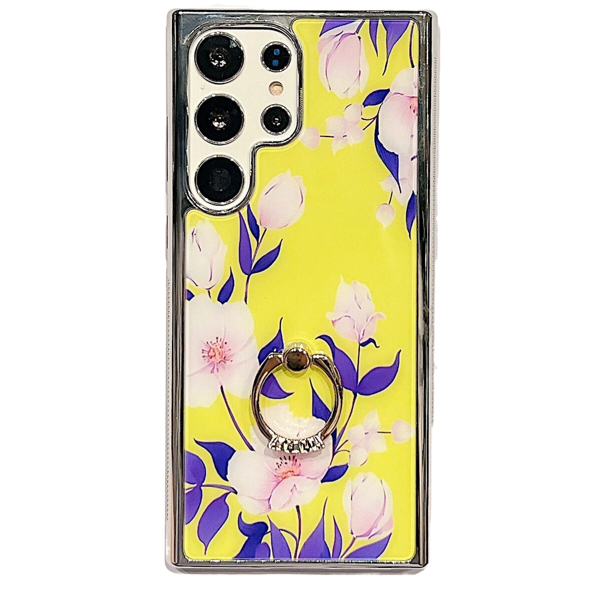 Electroplating Cover for Samsung Galaxy S22 Ultra 5G IMD Flower Pattern PC+TPU Phone Case with Ring Kickstand - Style E