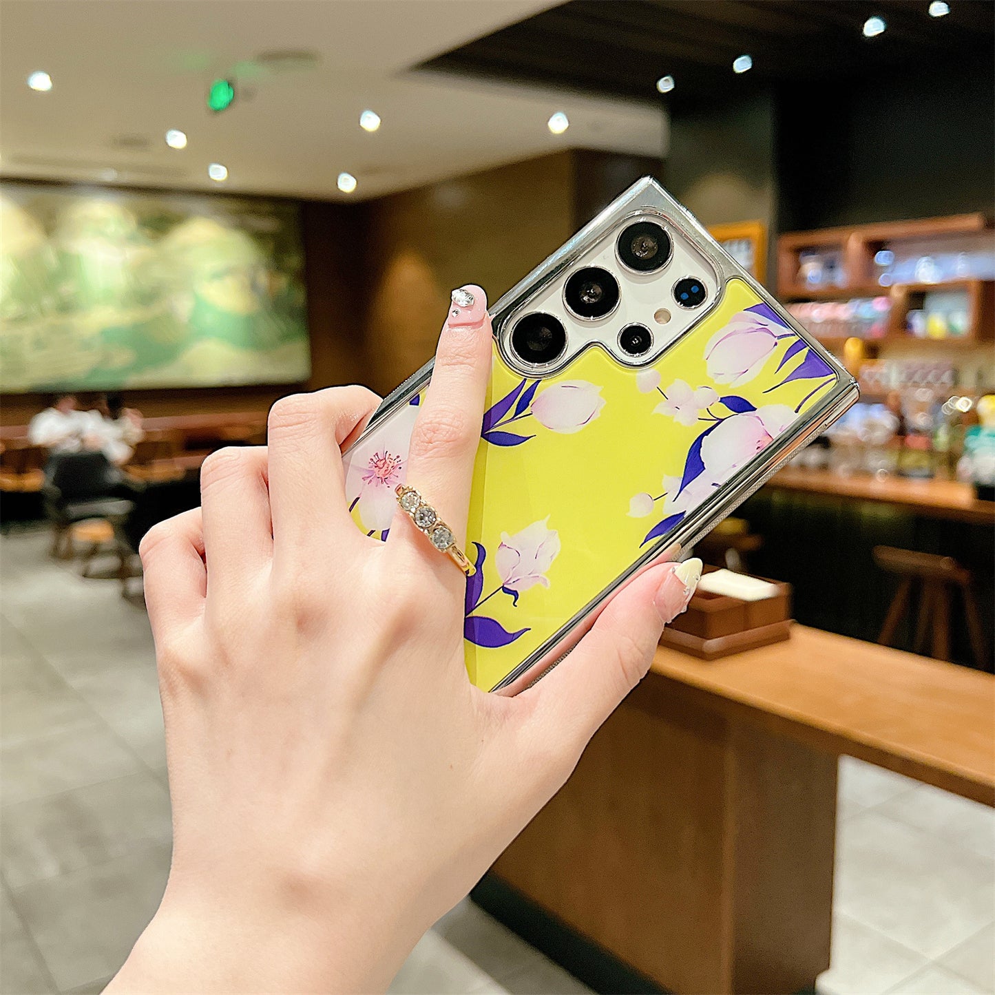 Electroplating Cover for Samsung Galaxy S22 Ultra 5G IMD Flower Pattern PC+TPU Phone Case with Ring Kickstand - Style E