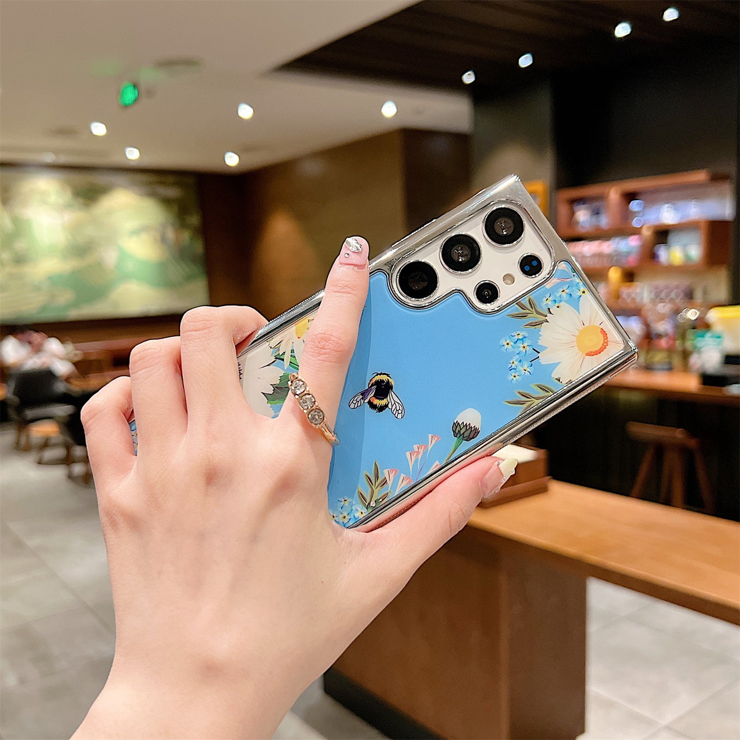 Electroplating Cover for Samsung Galaxy S22 Ultra 5G IMD Flower Pattern PC+TPU Phone Case with Ring Kickstand - Style F