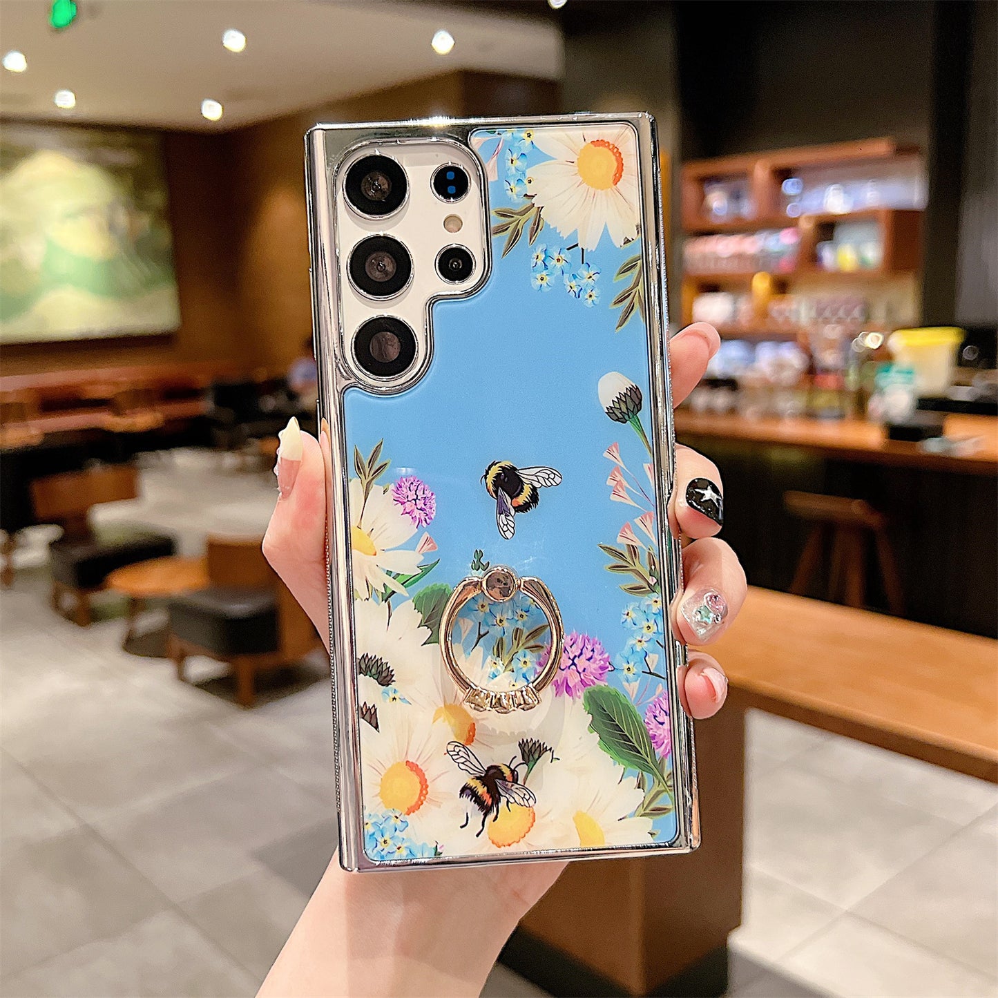 Electroplating Cover for Samsung Galaxy S22 Ultra 5G IMD Flower Pattern PC+TPU Phone Case with Ring Kickstand - Style F